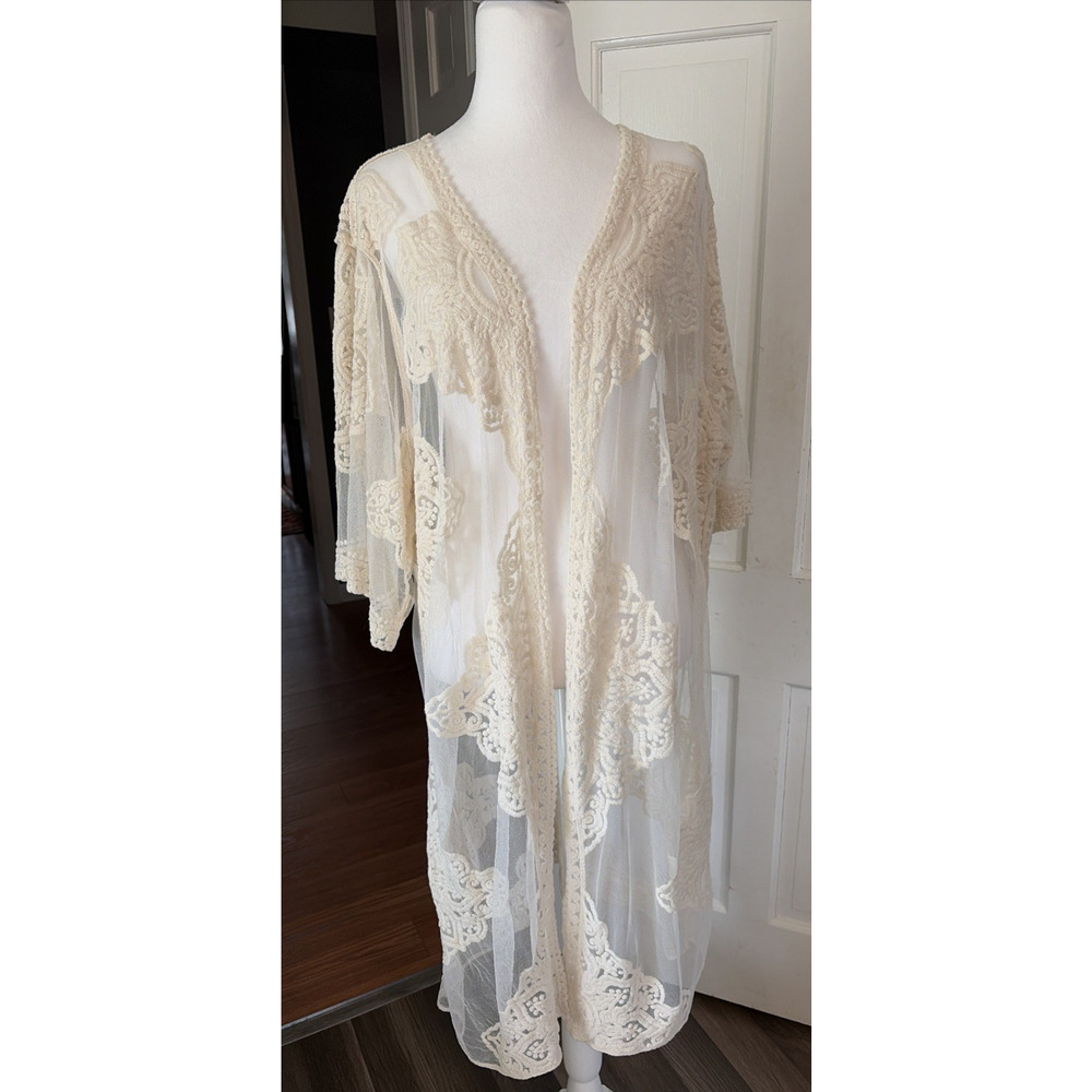 Womens White Meshy Lace Sheer Kimono Cardigan XL Festival Boho Ethereal Angel
